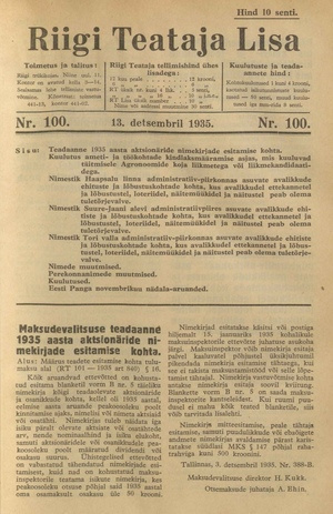 Riigi Teataja Lisa : seaduste alustel avaldatud teadaanded ; 100 1935-12-13