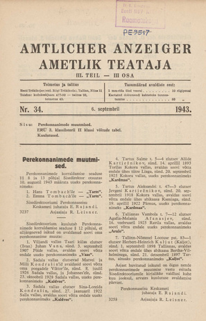 Ametlik Teataja. III osa = Amtlicher Anzeiger. III Teil ; 34 1943-09-06