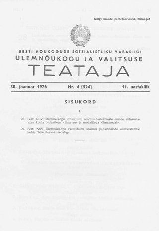 Eesti Nõukogude Sotsialistliku Vabariigi Ülemnõukogu ja Valitsuse Teataja ; 4 (524) 1976-01-30
