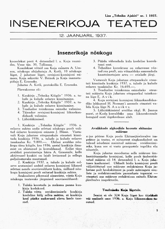 Insenerikoja Teated : ajakiri ; 1 1937-01-12