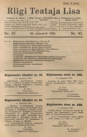 Riigi Teataja Lisa : seaduste alustel avaldatud teadaanded ; 87 1936-10-20