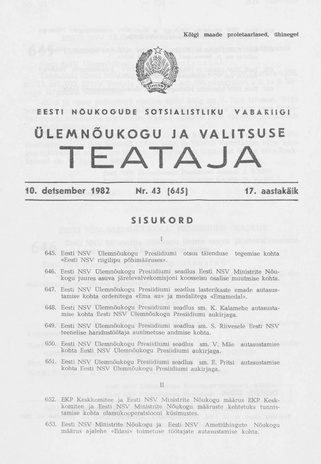 Eesti Nõukogude Sotsialistliku Vabariigi Ülemnõukogu ja Valitsuse Teataja ; 43 (645) 1982-12-10
