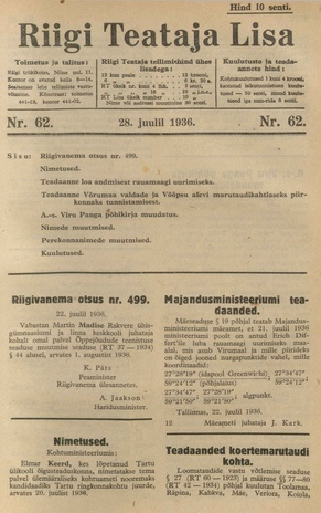 Riigi Teataja Lisa : seaduste alustel avaldatud teadaanded ; 62 1936-07-28