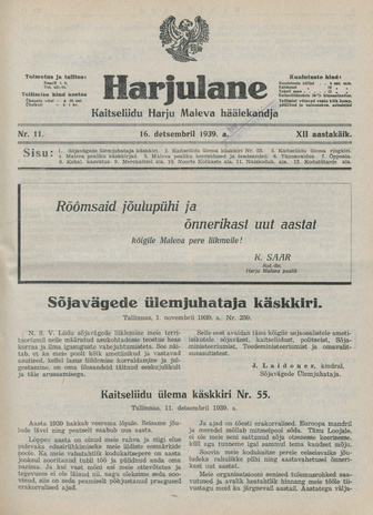 Harjulane : Kaitseliidu Harju Maleva häälekandja ; 11 1939-12-16