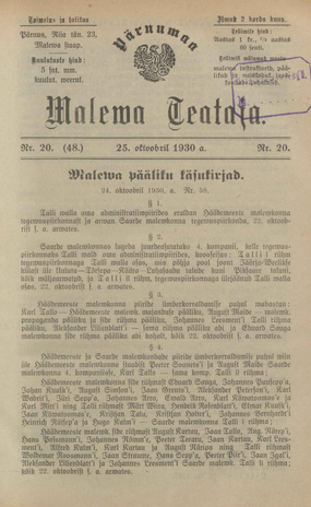 Pärnumaa Maleva Teataja ; 20 (48) 1930-10-25
