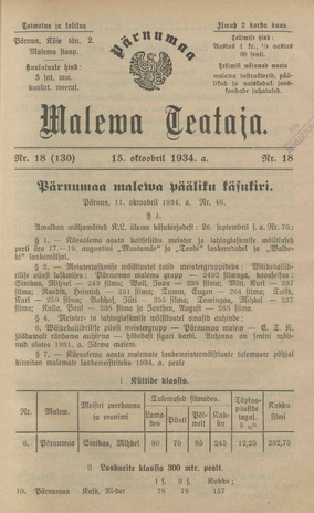 Pärnumaa Maleva Teataja ; 18 (130) 1934-10-15