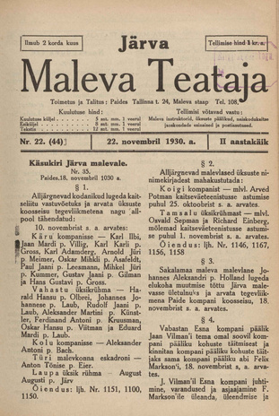 Järva Maleva Teataja ; 22 (44) 1930-11-22