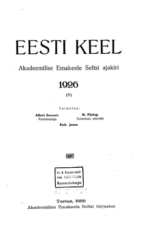 Eesti Keel ; sisukord 1926