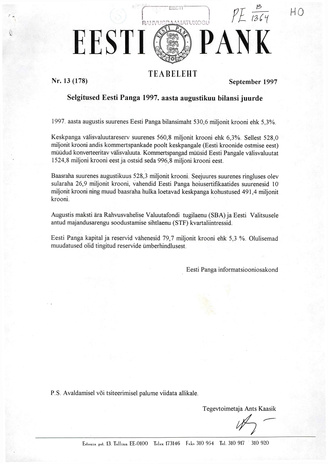 Eesti Pank : teabeleht ; 13 (178) 1997-09
