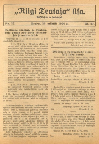 Riigi Teataja Lisa : seaduste alustel avaldatud teadaanded ; 27 1926-03-26