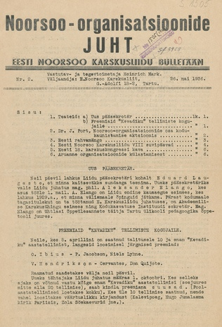 Noorsoo-organisatsioonide Juht : Eesti Noorsoo Karskusliidu bülletään ; 2 1936-05-26