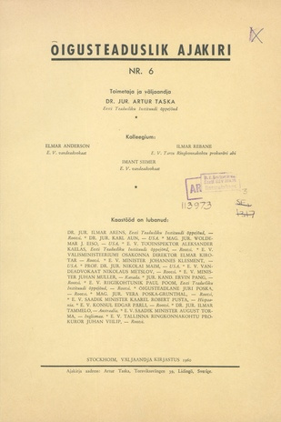 Õigusteaduslik Ajakiri ; 6 1960