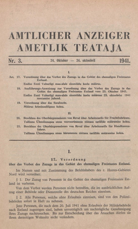 Ametlik Teataja. I/II osa = Amtlicher Anzeiger. I/II Teil ; 3 1941-10-24