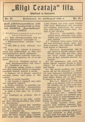 Riigi Teataja Lisa : seaduste alustel avaldatud teadaanded ; 23 1922-02-28