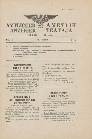 Ametlik Teataja. III osa = Amtlicher Anzeiger. III Teil ; 1 1941-10-11