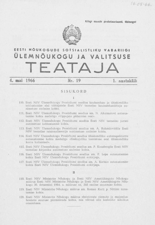 Eesti Nõukogude Sotsialistliku Vabariigi Ülemnõukogu ja Valitsuse Teataja ; 19 1966-05-04