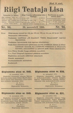 Riigi Teataja Lisa : seaduste alustel avaldatud teadaanded ; 94 1935-11-26