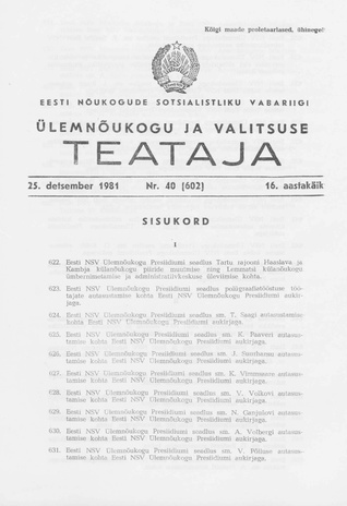 Eesti Nõukogude Sotsialistliku Vabariigi Ülemnõukogu ja Valitsuse Teataja ; 40 (602) 1981-12-25
