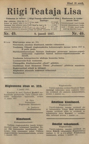 Riigi Teataja Lisa : seaduste alustel avaldatud teadaanded ; 49 1937-06-08