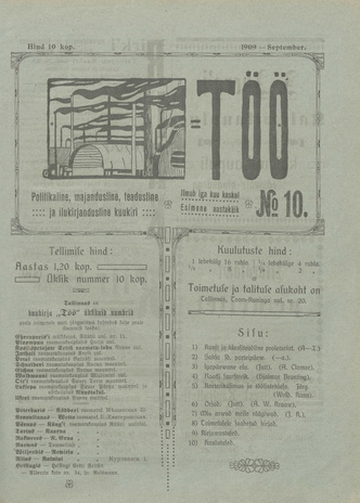 Töö : politikaline, majandusline, teadusline ja ilukirjandusline nädalaleht ; 10 1909-09-01