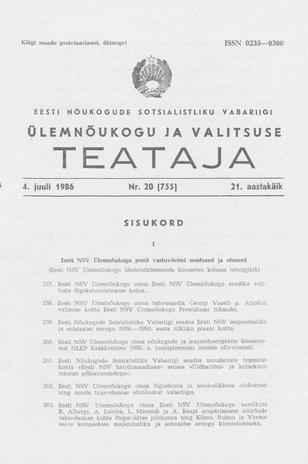 Eesti Nõukogude Sotsialistliku Vabariigi Ülemnõukogu ja Valitsuse Teataja ; 20 (755) 1986-07-04
