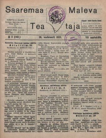 Saaremaa Maleva Teataja ; 3 (142) 1935-02-20