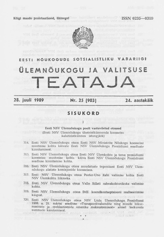 Eesti Nõukogude Sotsialistliku Vabariigi Ülemnõukogu ja Valitsuse Teataja ; 25 (903) 1989-07-28