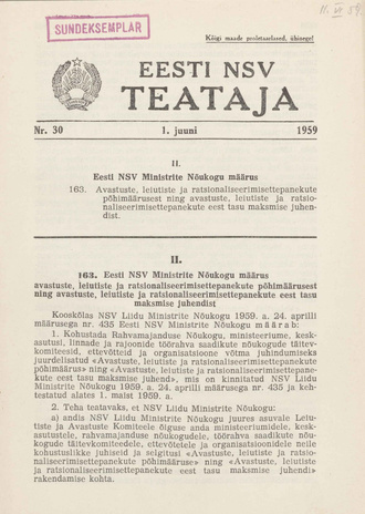 Eesti NSV Teataja = Ведомости Эстонской ССР ; 30 1959-06-01