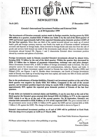 Eesti Pank : newsletter ; 8 (207) 1999-12-27