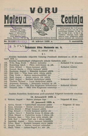 Võru Maleva Teataja ; 5 (138) 1939-03-15