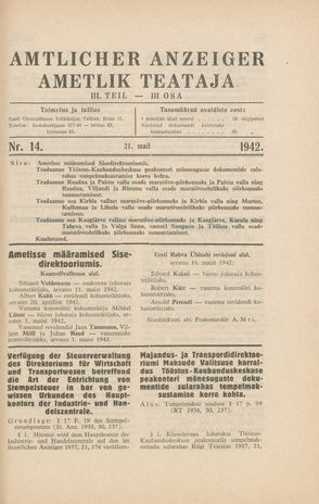 Ametlik Teataja. III osa = Amtlicher Anzeiger. III Teil ; 14 1942-05-21
