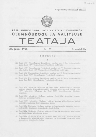 Eesti Nõukogude Sotsialistliku Vabariigi Ülemnõukogu ja Valitsuse Teataja ; 29 1966-06-27