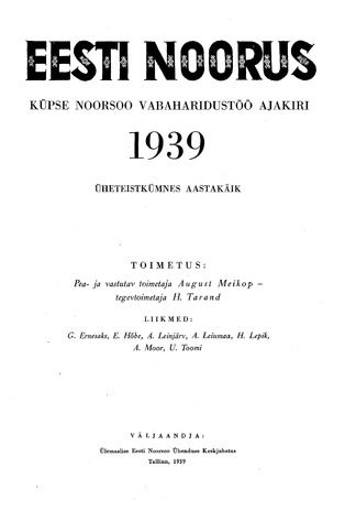 Eesti Noorus ; sisukord 1939