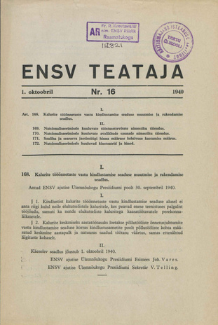 Eesti NSV Teataja ; 16 1940-10-01
