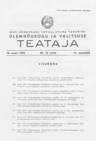 Eesti Nõukogude Sotsialistliku Vabariigi Ülemnõukogu ja Valitsuse Teataja ; 24 (544) 1976-06-18