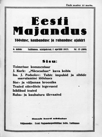 Eesti Majandus ; 15 (109) 1925-04-07