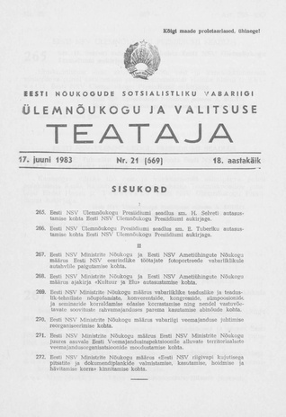 Eesti Nõukogude Sotsialistliku Vabariigi Ülemnõukogu ja Valitsuse Teataja ; 21 (669) 1983-06-17