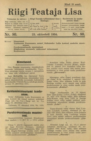 Riigi Teataja Lisa : seaduste alustel avaldatud teadaanded ; 80 1934-10-23