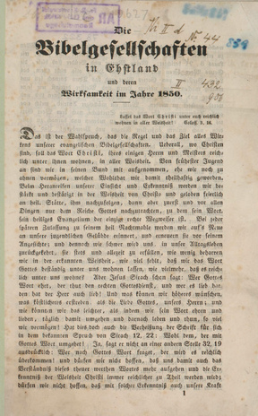 Die Bibelgesellschaften in Ehstland und deren Wirksamkeit im Jahre 1850