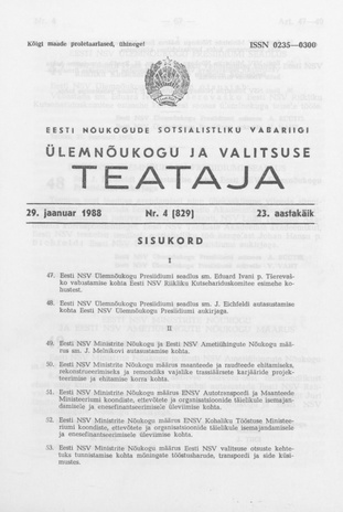 Eesti Nõukogude Sotsialistliku Vabariigi Ülemnõukogu ja Valitsuse Teataja ; 4 (829) 1988-01-29