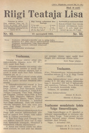 Riigi Teataja Lisa : seaduste alustel avaldatud teadaanded ; 93 1931-11-27