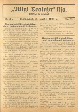 Riigi Teataja Lisa : seaduste alustel avaldatud teadaanded ; 38 1926-04-27