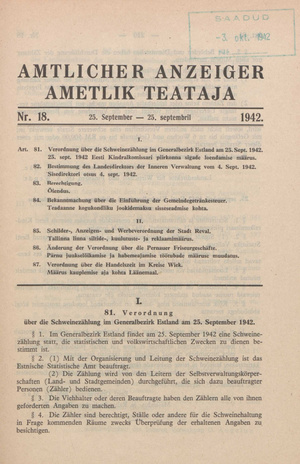 Ametlik Teataja. I/II osa = Amtlicher Anzeiger. I/II Teil ; 18 1942-09-25