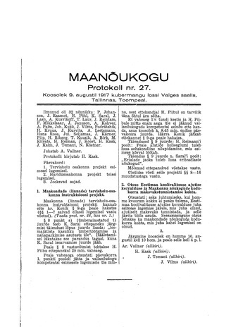 Maanõukogu protokoll nr.27 (9. august 1917)