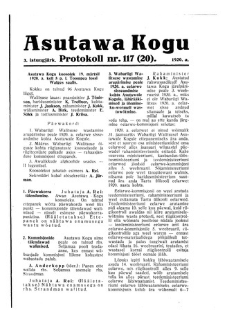 Asutawa Kogu protokoll nr.117 (20) (19. märts 1920)