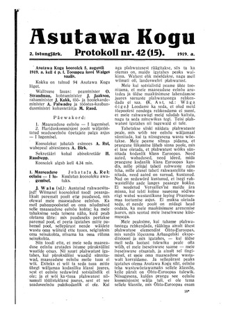 Asutawa Kogu protokoll nr.42 (15) (5. august 1919)