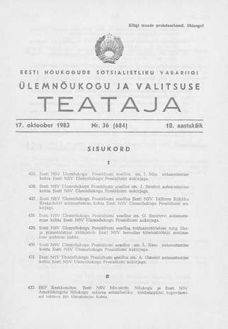 Eesti Nõukogude Sotsialistliku Vabariigi Ülemnõukogu ja Valitsuse Teataja ; 36 (684) 1983-10-17