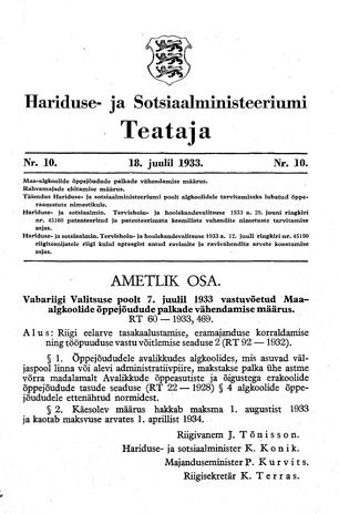 Hariduse- ja Sotsiaalministeeriumi Teataja ; 10 1933-07-18