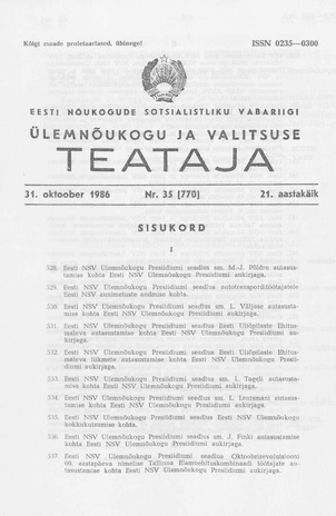 Eesti Nõukogude Sotsialistliku Vabariigi Ülemnõukogu ja Valitsuse Teataja ; 35 (770) 1986-10-31