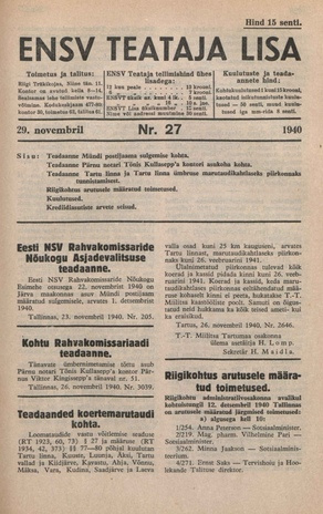 ENSV Teataja lisa ; 27 1940-11-29